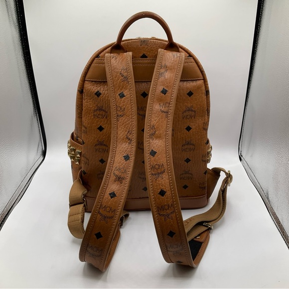 MCM Visetos Brown Cognac Monogram Gold Studded Leather Backpack - Picture 10 of 15